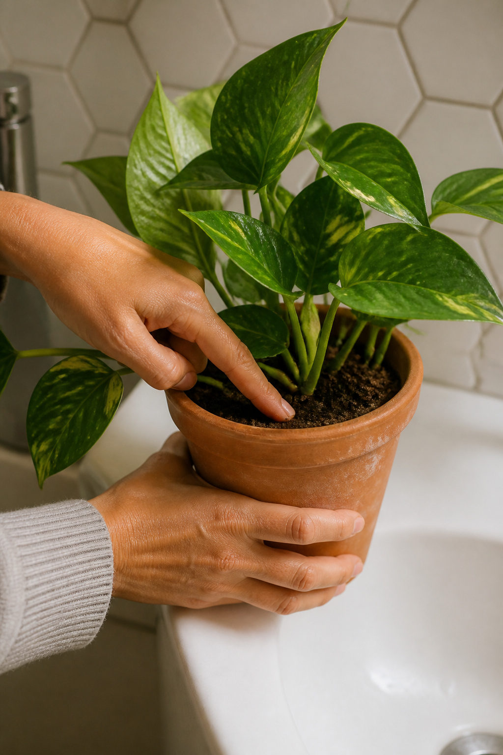Hands checking soil moisture in a terracotta pothos pot on a bathroom basin edge, hexagonal tile background