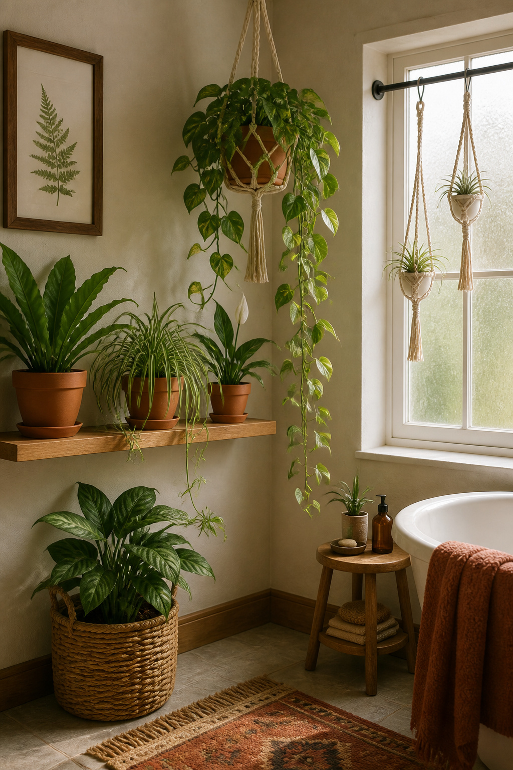 Boho bathroom plant corner with macrame hanger pothos, wooden shelf with terracotta pots, and tension rod display — layered at three heights