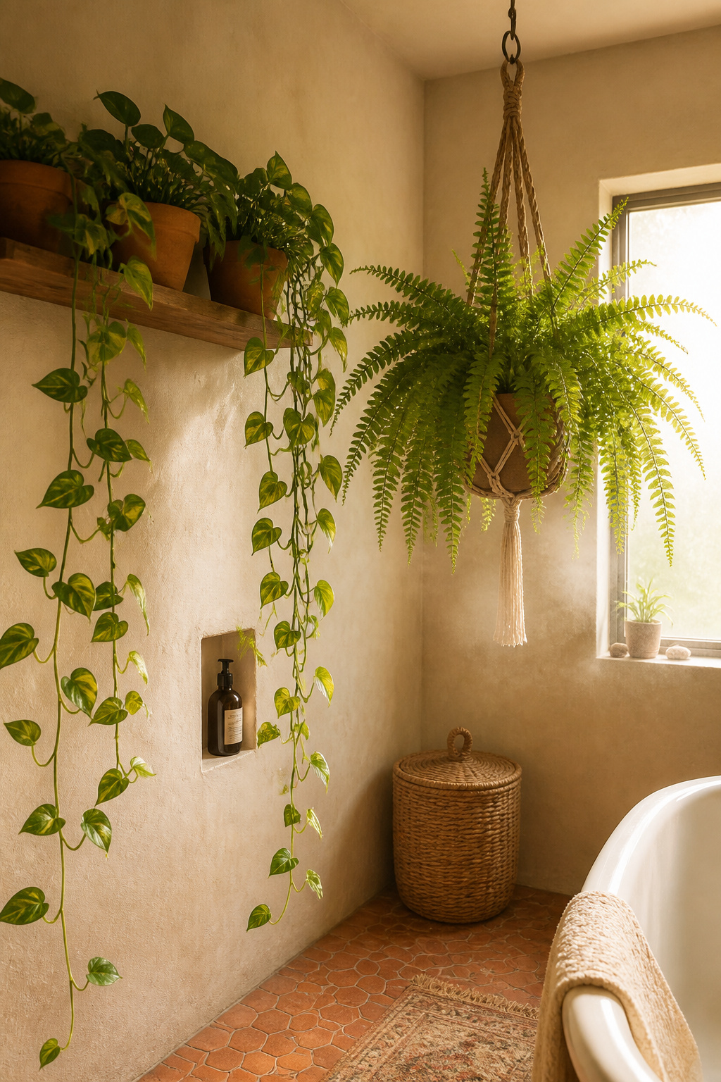 Boho bathroom with trailing pothos on a wooden shelf and a Boston fern in a macrame hanger, warm terracotta tones and steam-softened morning light