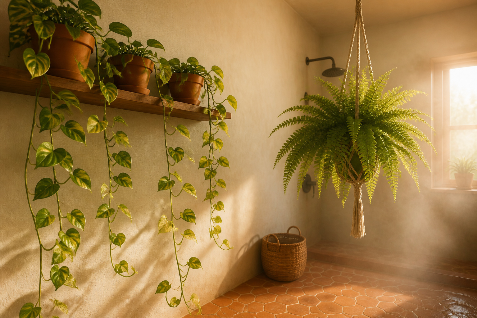 Boho bathroom with trailing pothos on a wooden shelf and a Boston fern in a macrame hanger, warm terracotta tones and steam-softened morning light