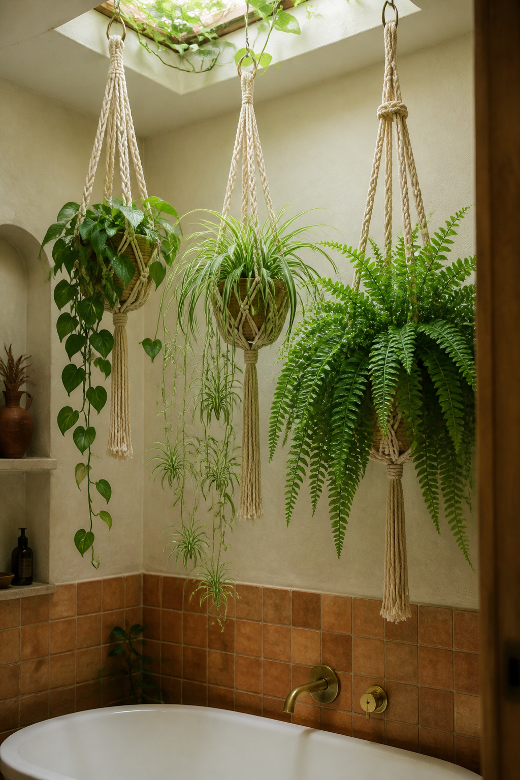 Three macramé plant hangers at different heights over a bathtub in a boho bathroom, holding pothos, spider plant and Boston fern