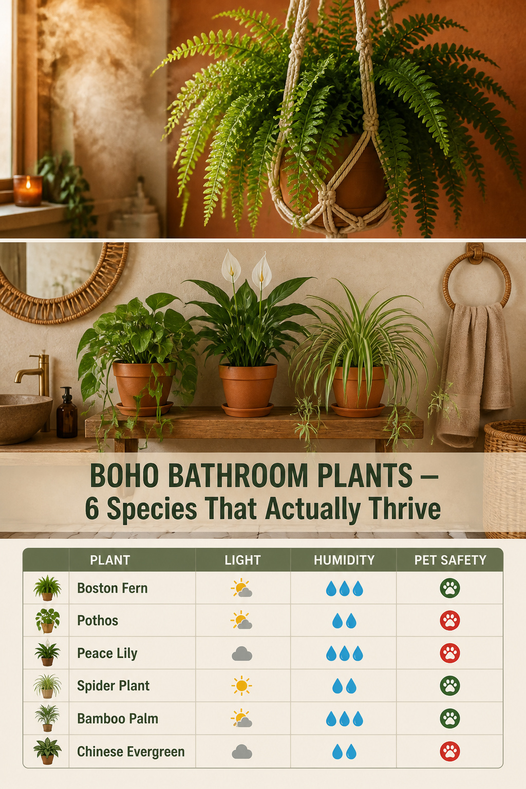 Pinterest guide to boho bathroom plants showing macrame fern hanger, styled shelf with pothos and peace lily, and a species comparison table