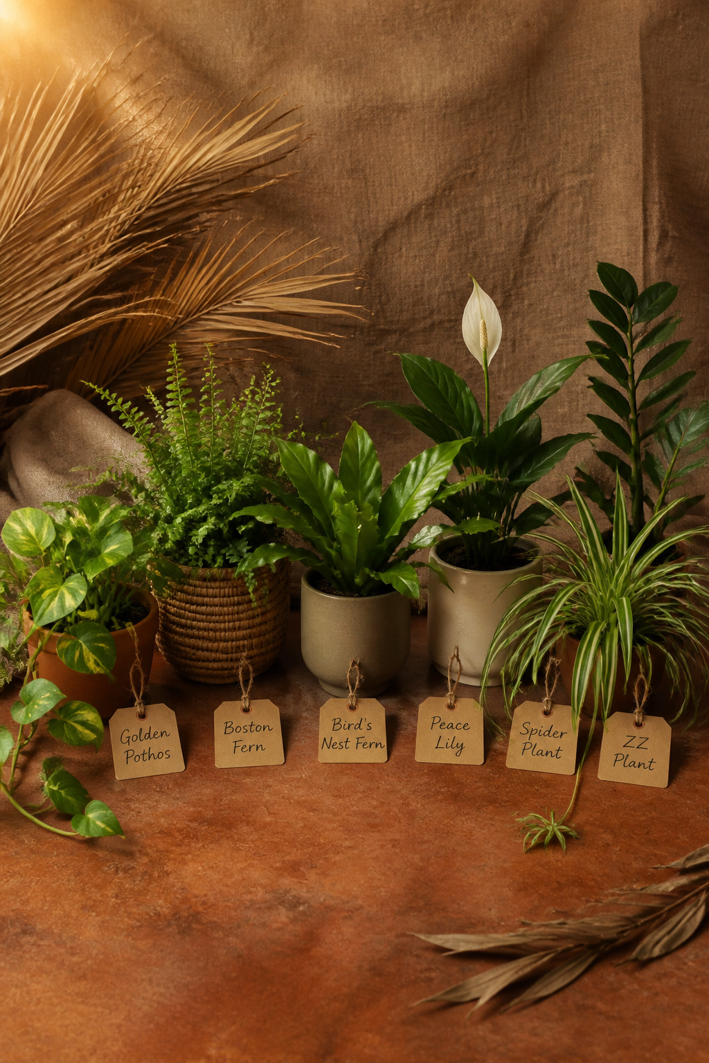 Six boho bathroom plants side by side: pothos, Boston fern, bird's nest fern, peace lily, spider plant, and ZZ plant in terracotta and ceramic pots
