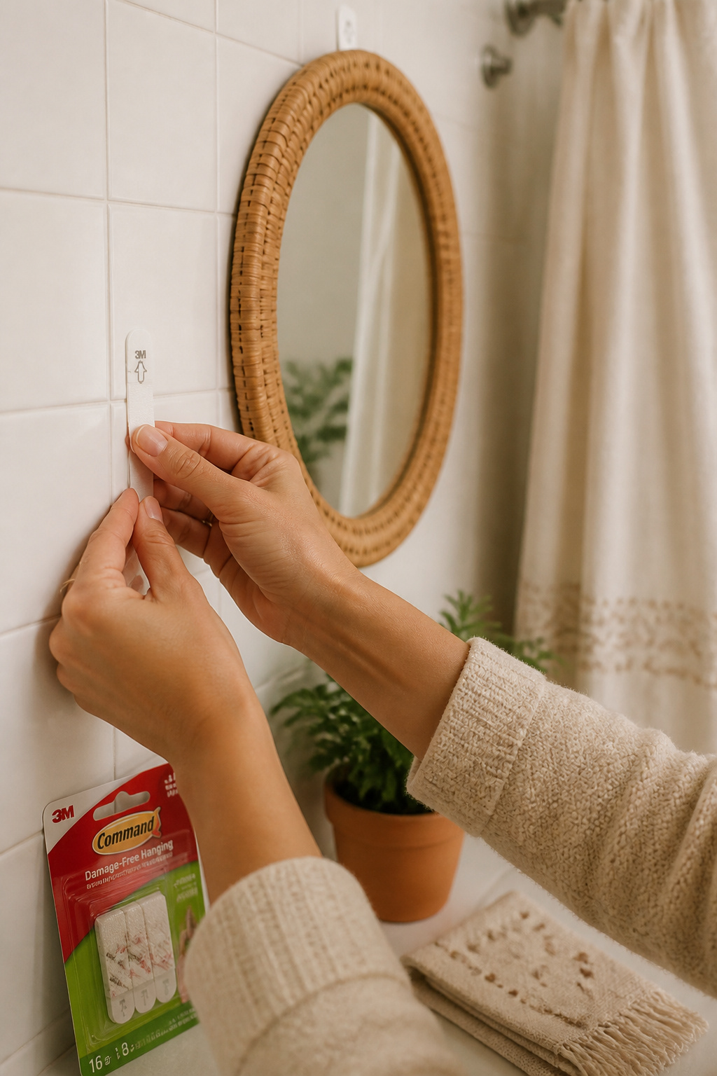 Hands applying Command strip to tile wall for a rental-friendly boho bathroom mirror hang