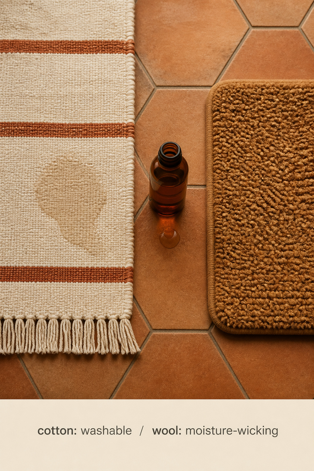Side-by-side flat-lay of woven cotton bathroom rug swatch and wool bath mat, showing moisture absorption differences