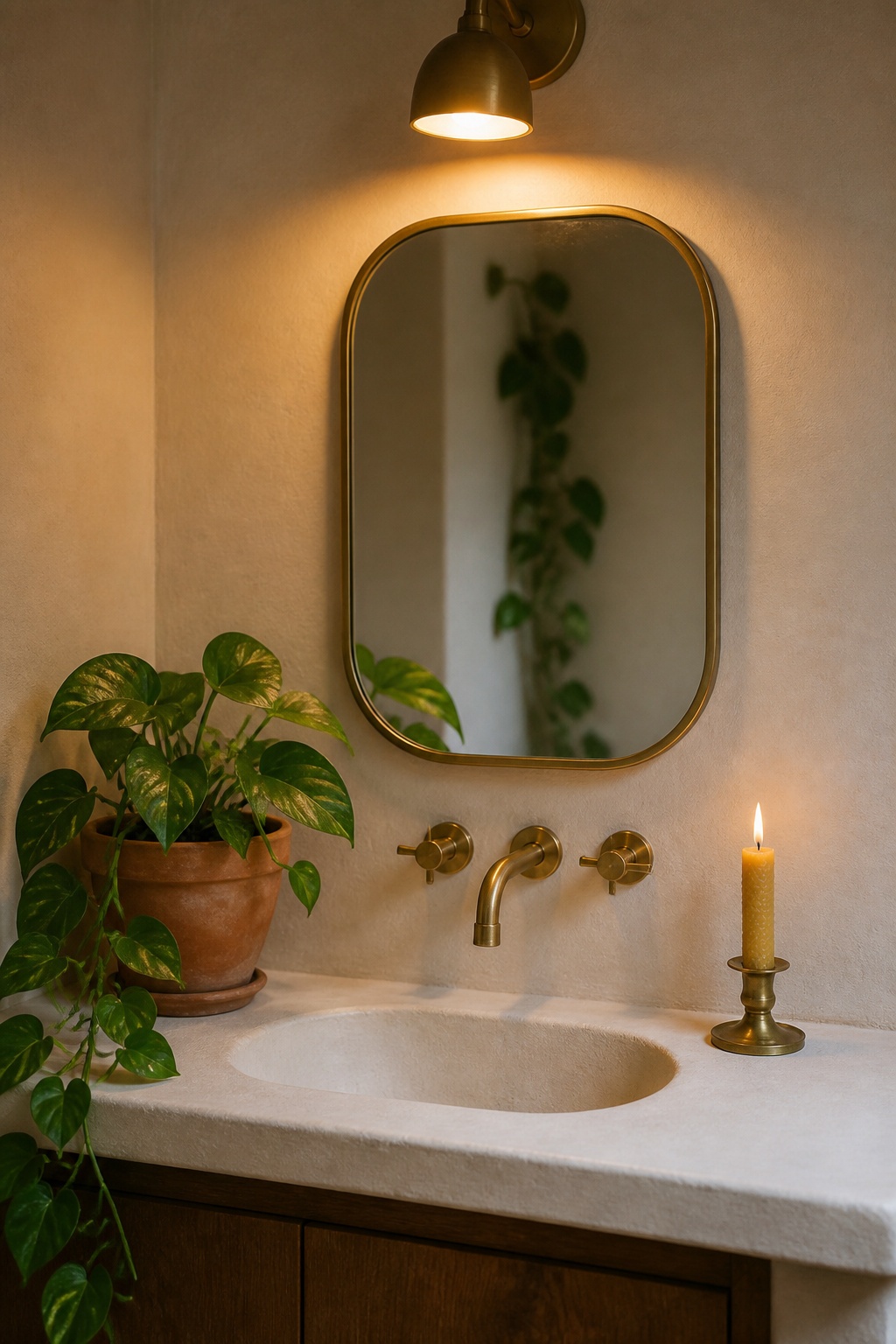 Boho bathroom basin with a single trailing pothos in terracotta and a beeswax candle, warm 2700K vanity light, clay-white wall