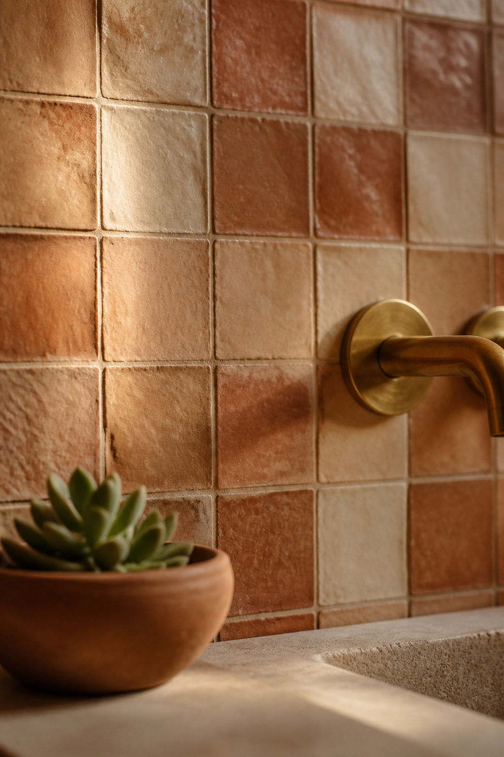 Close-up of handmade zellige tiles in terracotta and cream with warm greige grout and a brushed brass tap in a boho bathroom