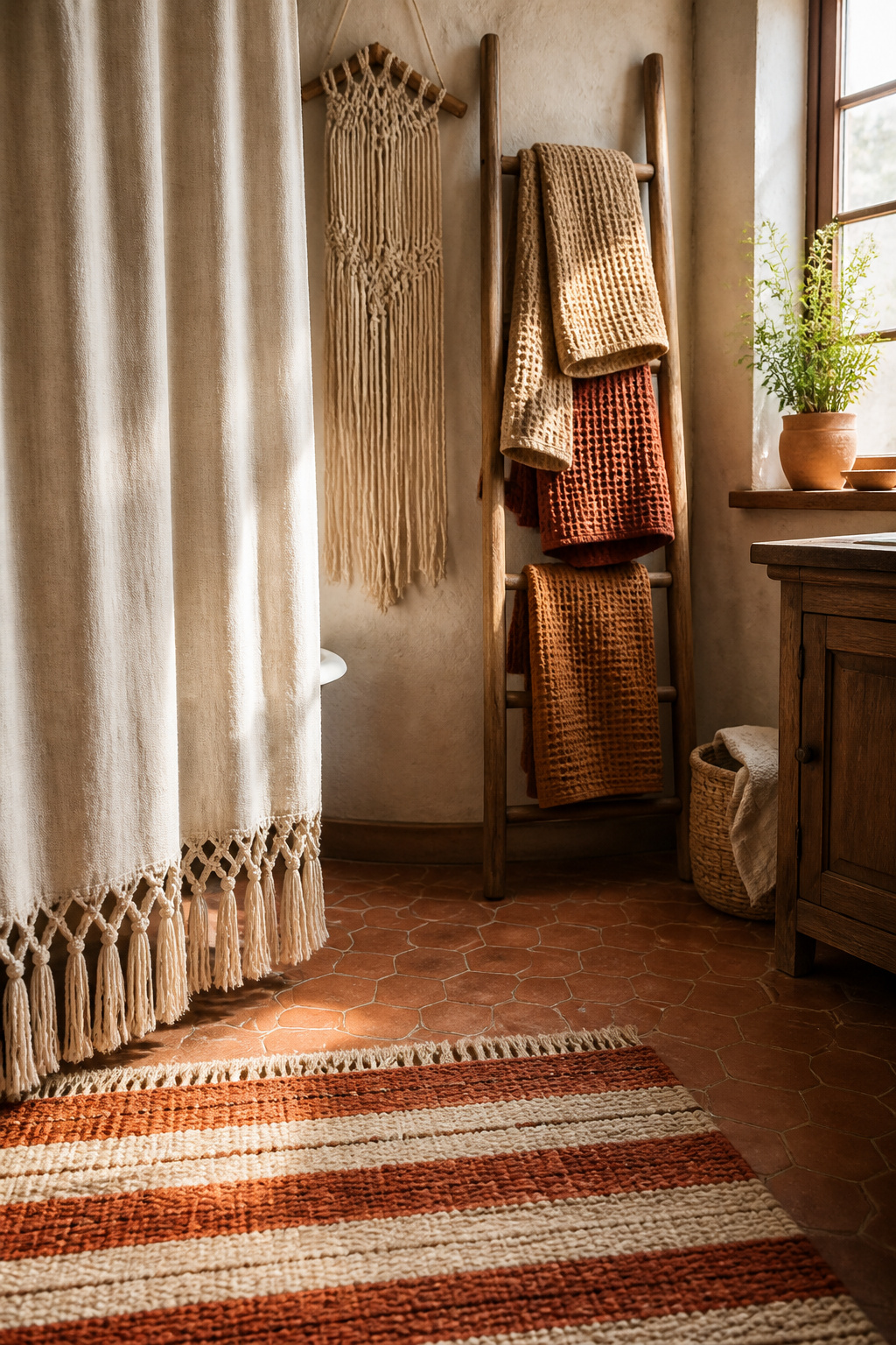 Boho bathroom with layered textiles: woven cotton rug with fringe, tasselled linen shower curtain, waffle-weave towels on a wooden ladder, and a macrame wall hanging