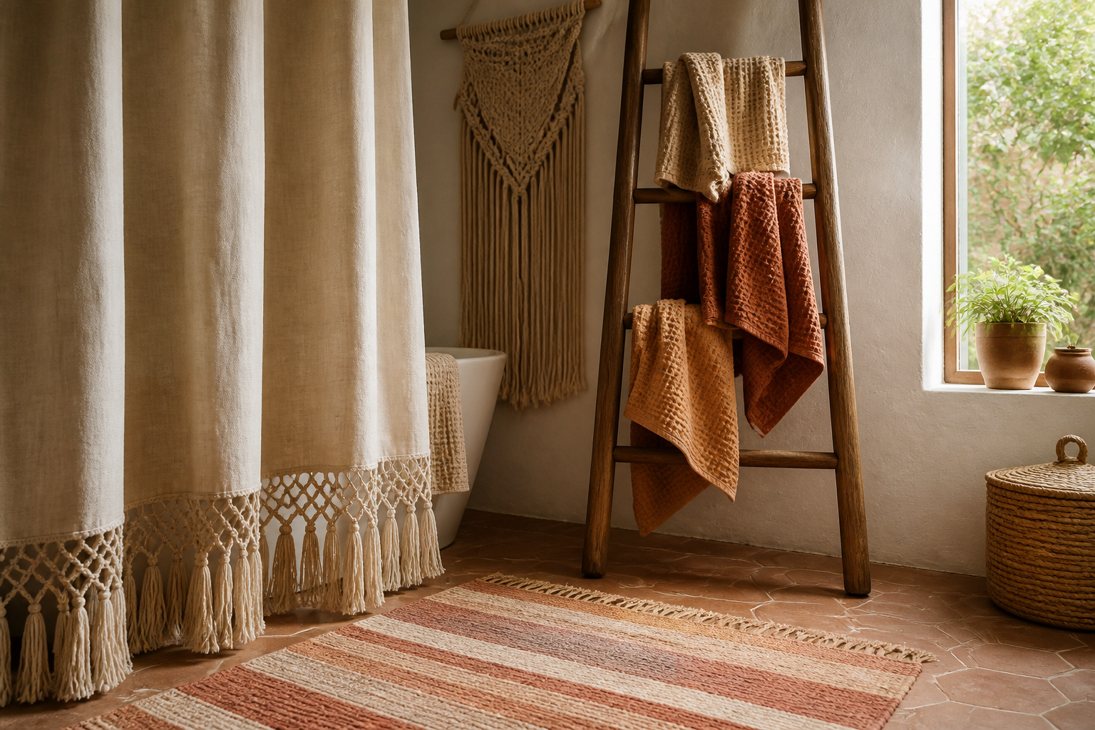 Boho bathroom with layered textiles: woven cotton rug with fringe, tasselled linen shower curtain, waffle-weave towels on a wooden ladder, and a macrame wall hanging