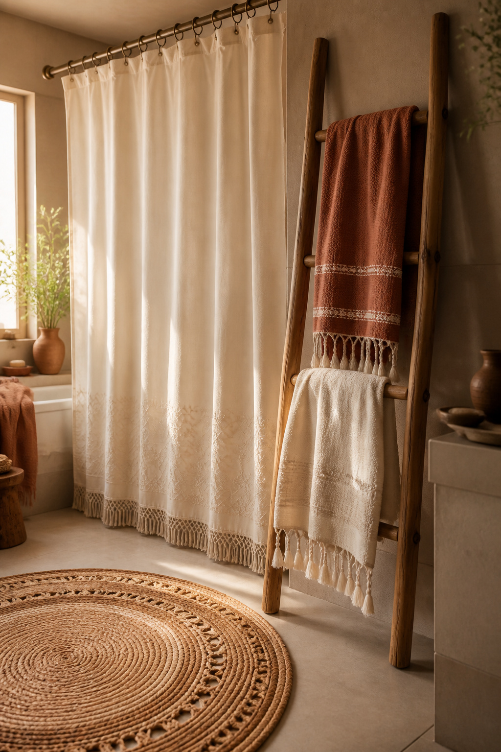 Boho bathroom textiles — fringed ivory shower curtain, woven round rug and Turkish fringe towels on a wooden towel ladder