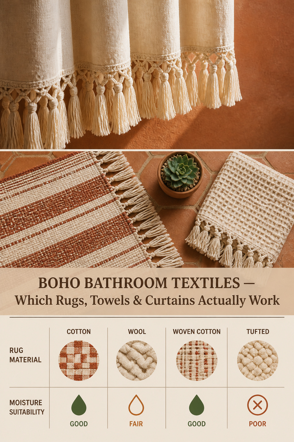 Pinterest guide to boho bathroom textiles showing tasselled shower curtain, woven rug and waffle towel flat-lay, and a rug material comparison table