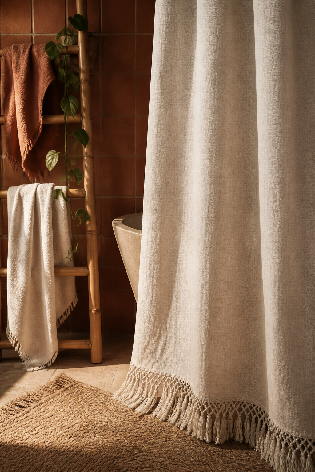 Boho bathroom with cream linen fringed shower curtain, terracotta tile, bamboo towel ladder, and jute bath rug