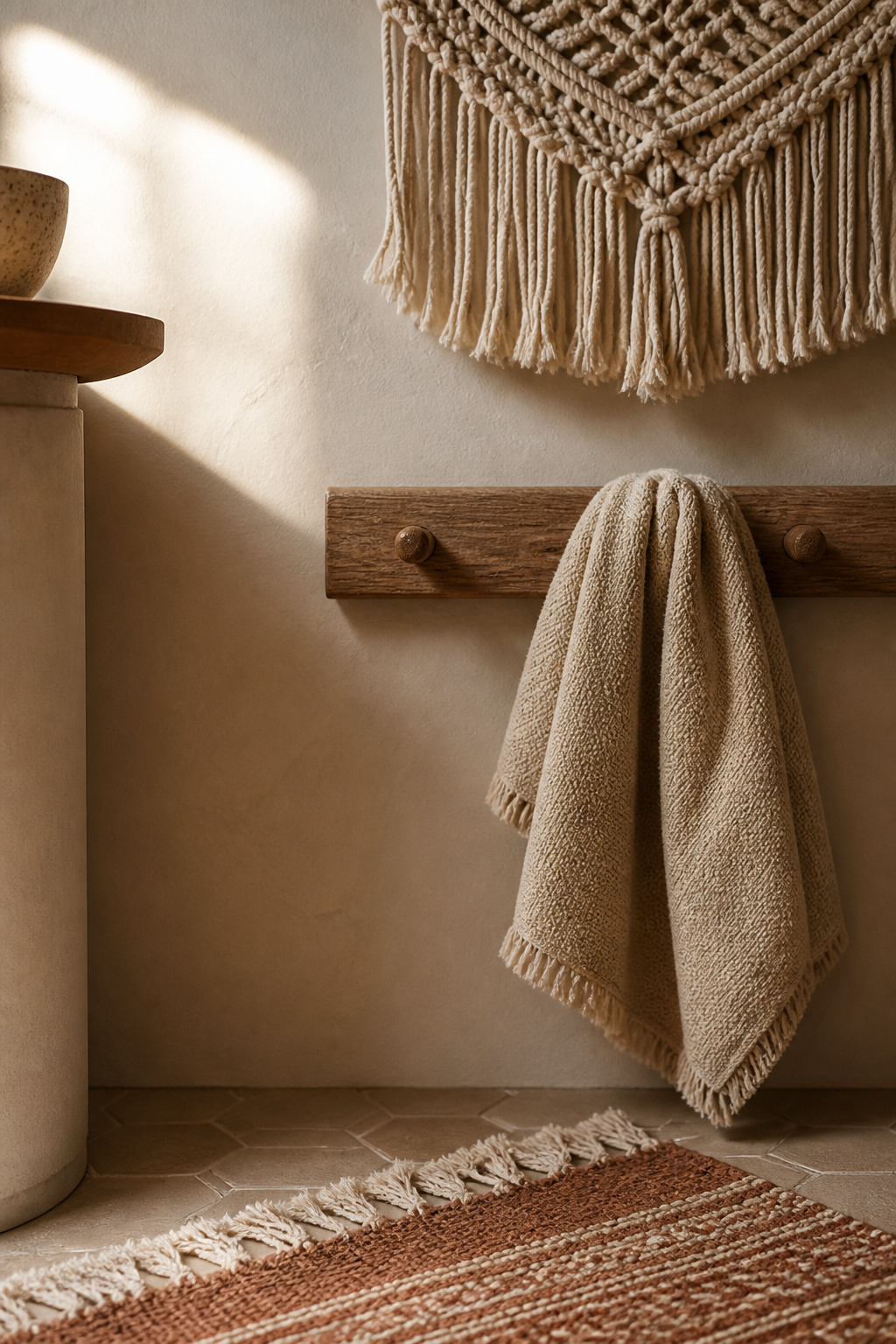 Close-up of boho bathroom texture layering — woven rug fringe, rough-woven towel, and macrame cord against smooth plaster wall