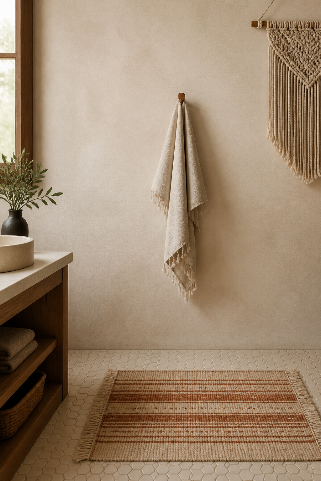 Boho bathroom interior showing three textures in harmony: smooth plaster, woven cotton rug, tasselled linen towel, and macrame edge — space between elements intentional