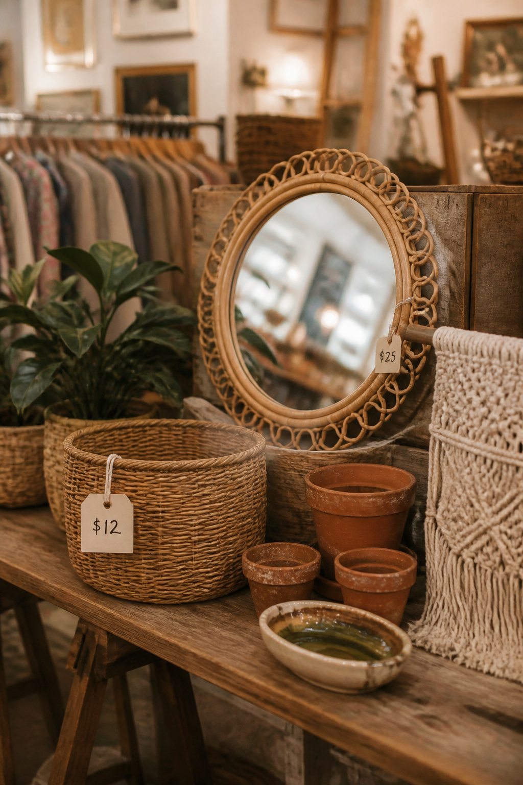 Vintage market stall with rattan mirror, wicker basket and terracotta pots for boho bathroom sourcing