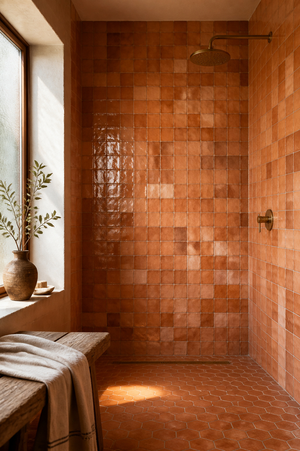 Boho bathroom shower alcove clad in handmade terracotta-amber zellige tile, each square subtly different in glaze, with brass rain head and linen towel