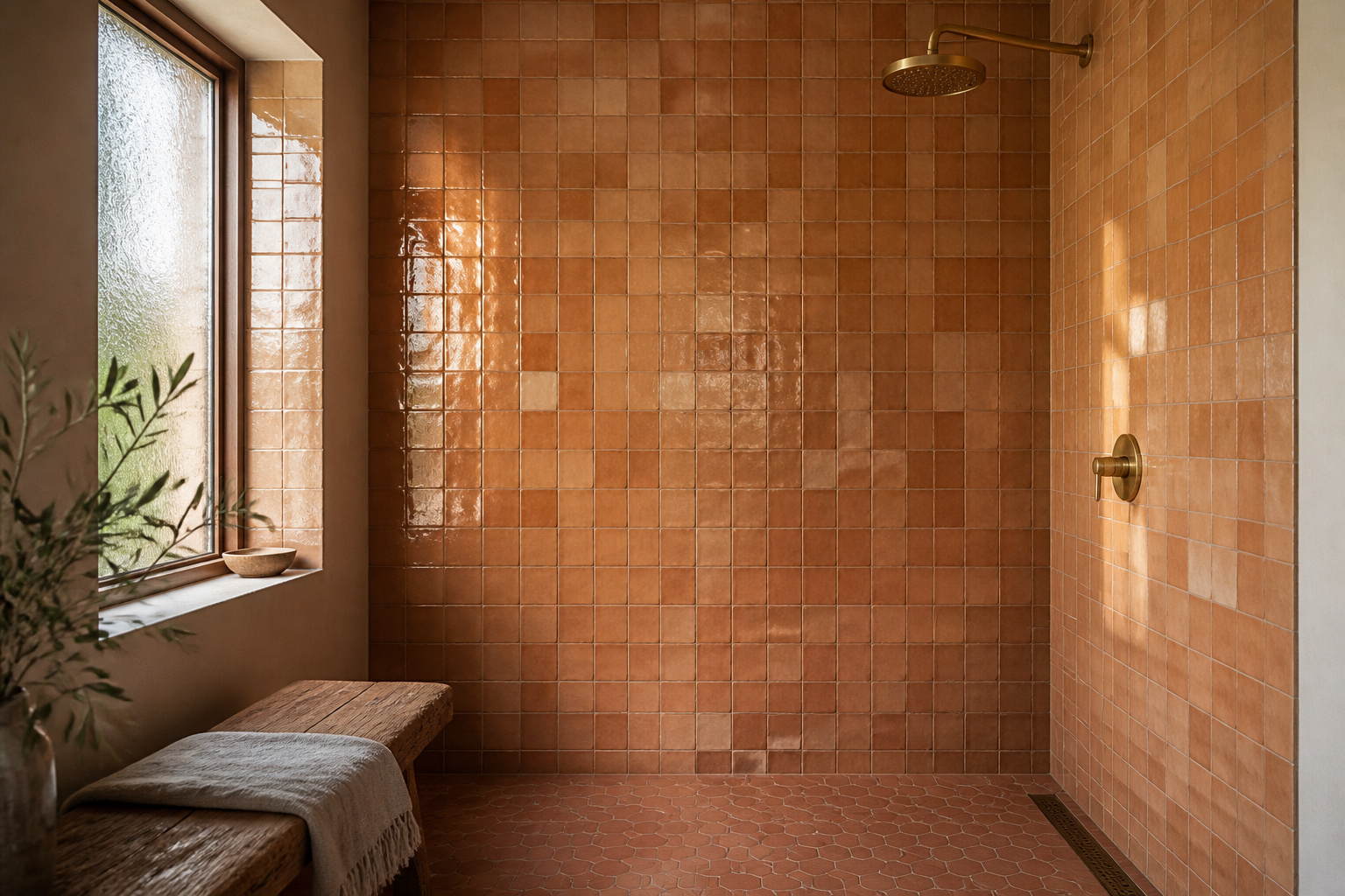 Boho bathroom shower alcove clad in handmade terracotta-amber zellige tile, each square subtly different in glaze, with brass rain head and linen towel