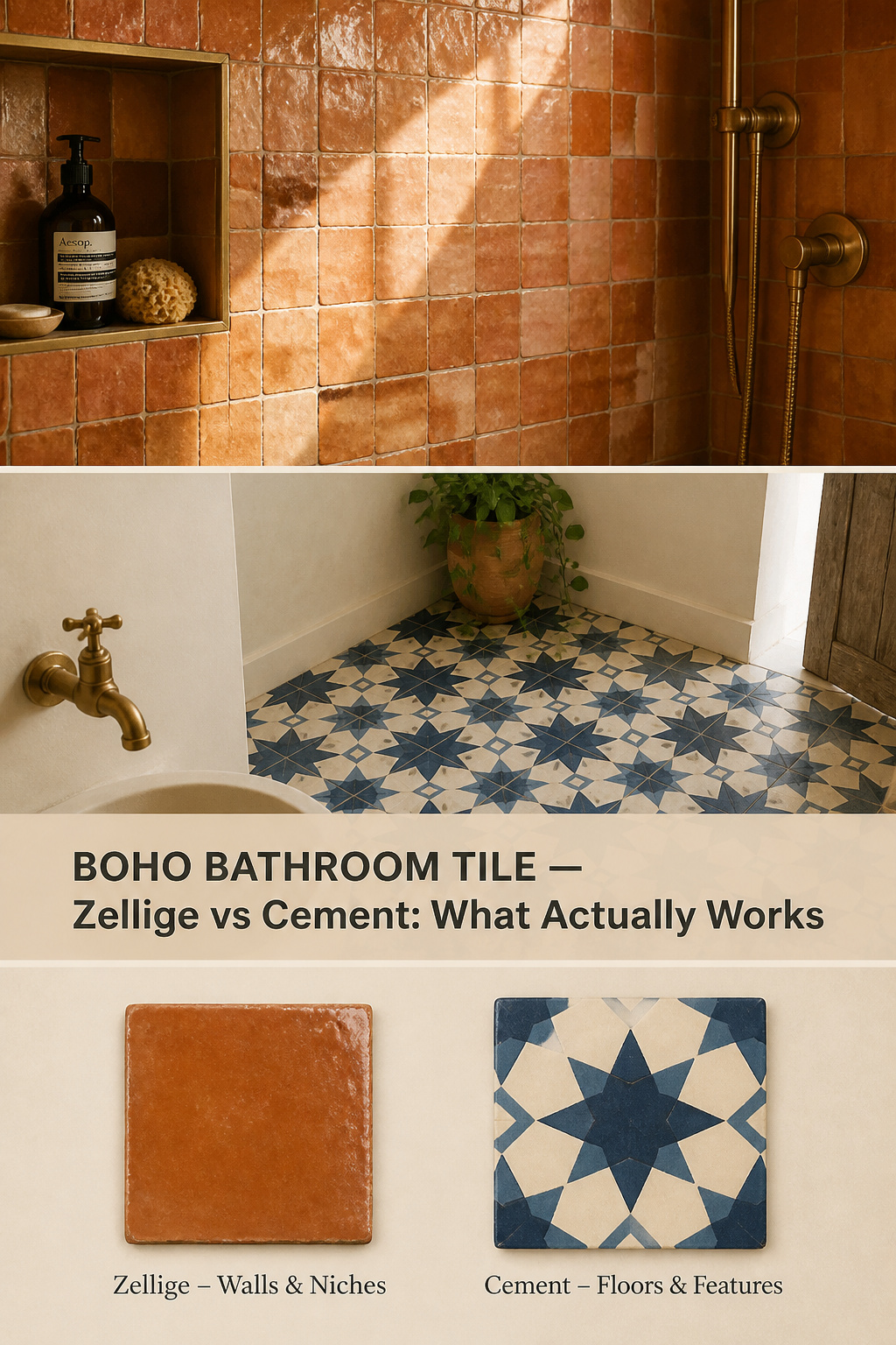 Pinterest guide comparing zellige and patterned cement bathroom tile, showing warm terracotta zellige shower walls and Moroccan patterned cement floor