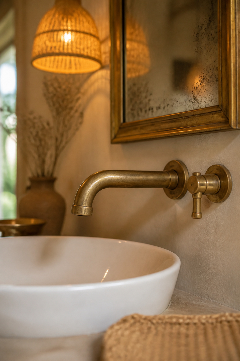 Unlacquered brass basin tap showing warm honey patina above a white ceramic sink, with a foxed vintage mirror and rattan pendant lamp visible behind
