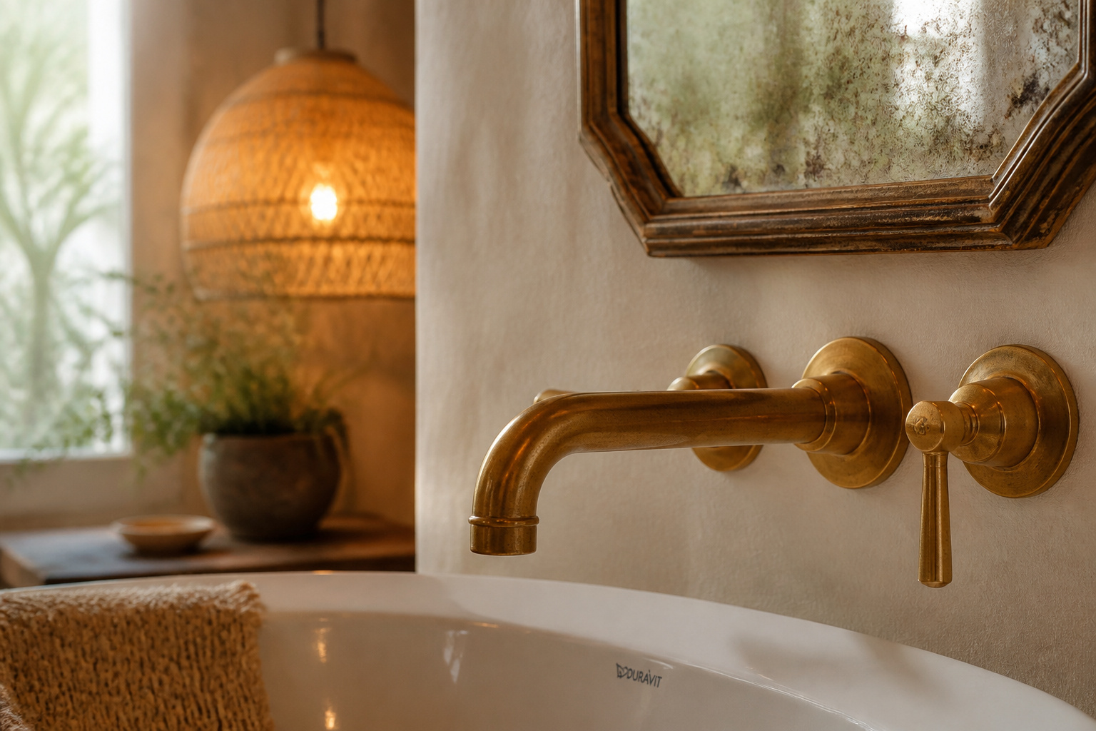 Unlacquered brass basin tap showing warm honey patina above a white ceramic sink, with a foxed vintage mirror and rattan pendant lamp visible behind