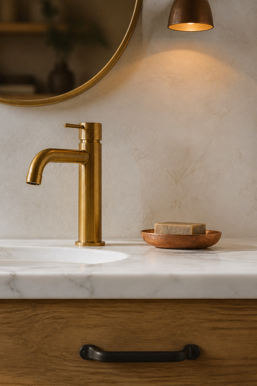 Boho bathroom vanity showing unlacquered brass tap, copper soap dish and matte black cabinet pull demonstrating the warm metal mixing principle