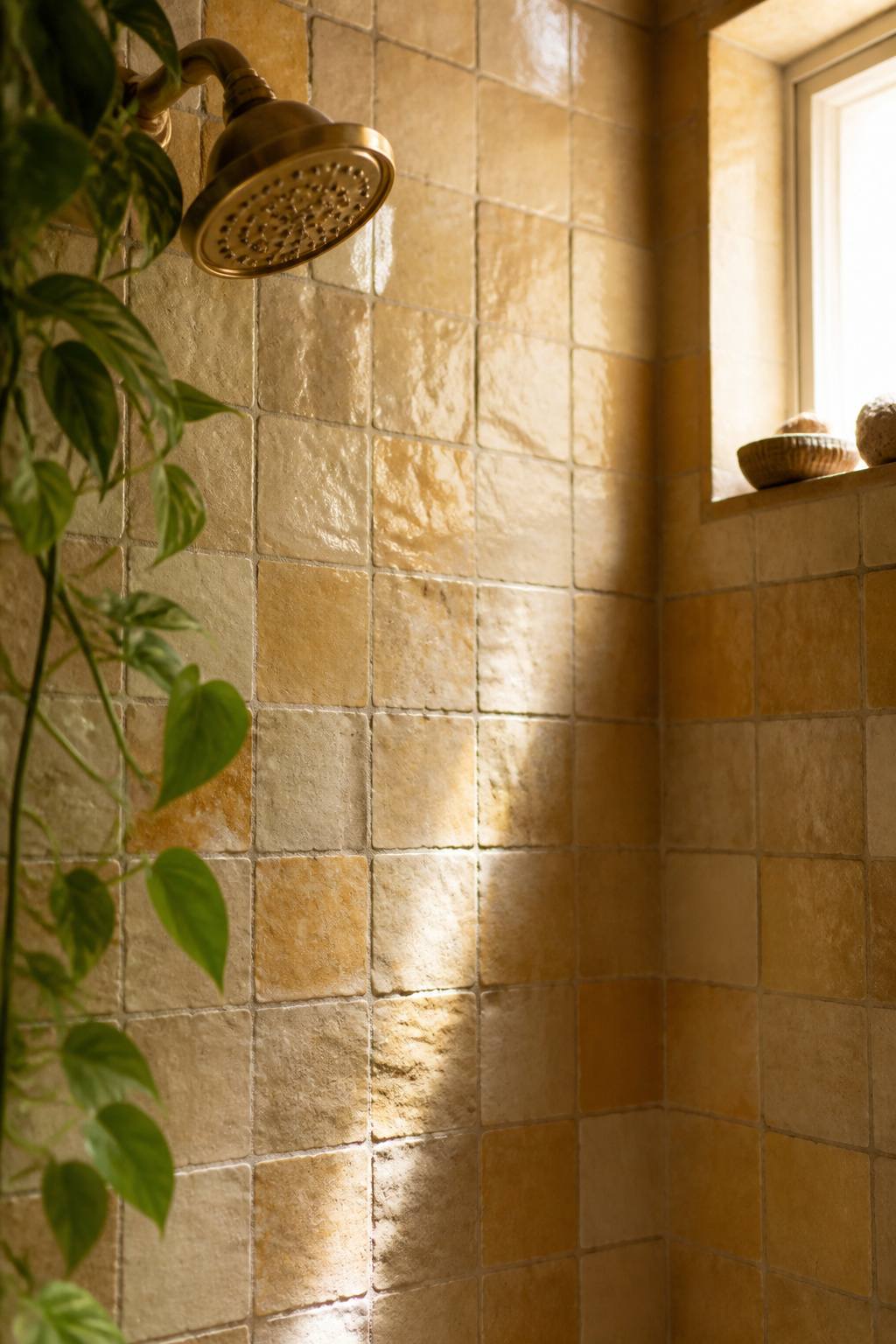 Close-up of handmade cream and ochre zellige tile in a boho bathroom shower, with raking light revealing the tiles' irregular handmade surface