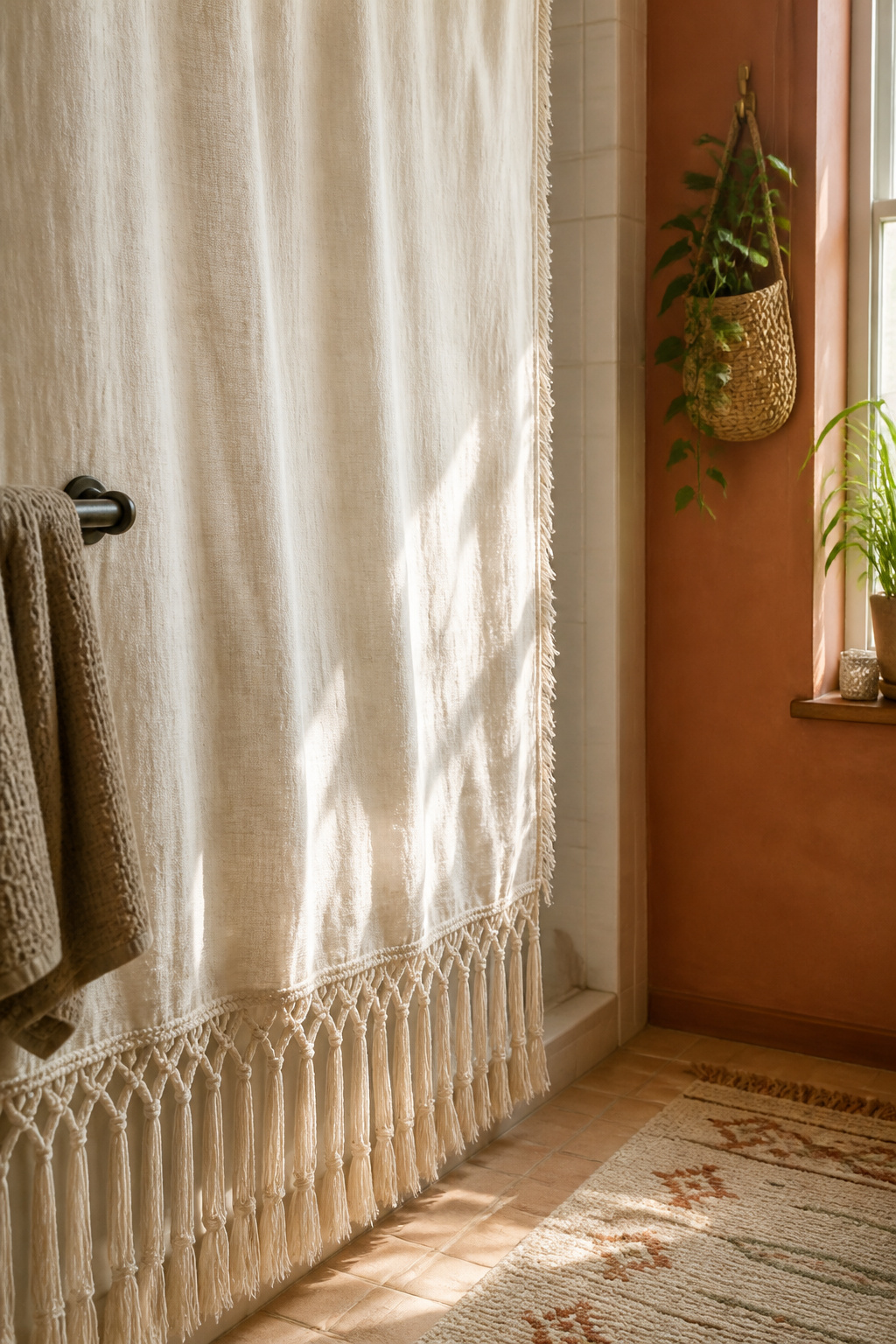 Tasselled boho shower curtain in warm ivory linen with knotted fringe, spread open after shower use against a terracotta-painted wall