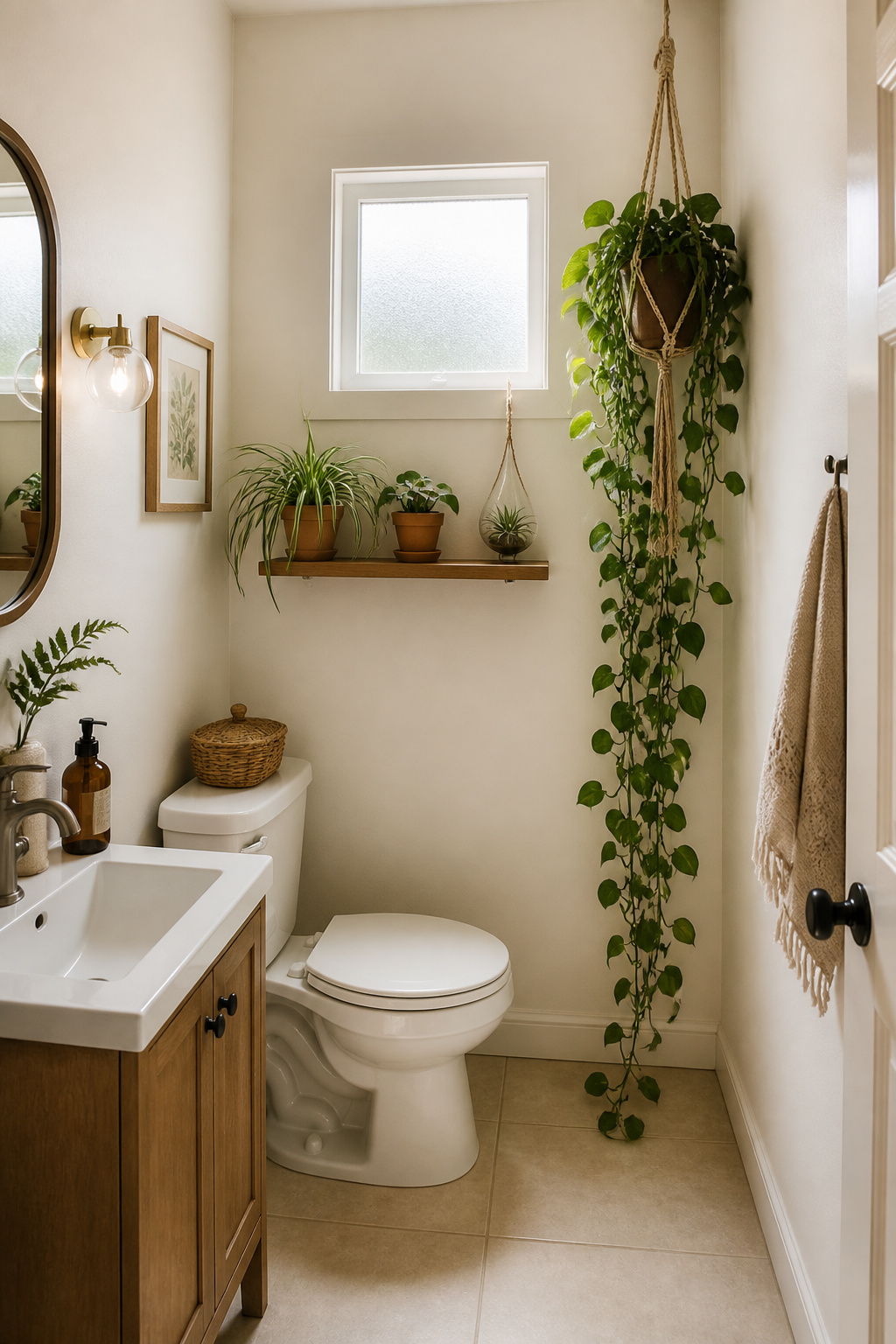 Small boho bathroom with vertical plant display: macrame pothos hanger and over-toilet shelf with terracotta pots, floor kept clear
