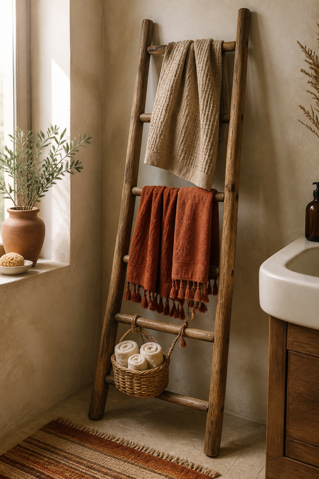 Boho bathroom wooden ladder with waffle-weave bath towel, tasselled hand towels in rust and terracotta, and a rattan basket of rolled washcloths
