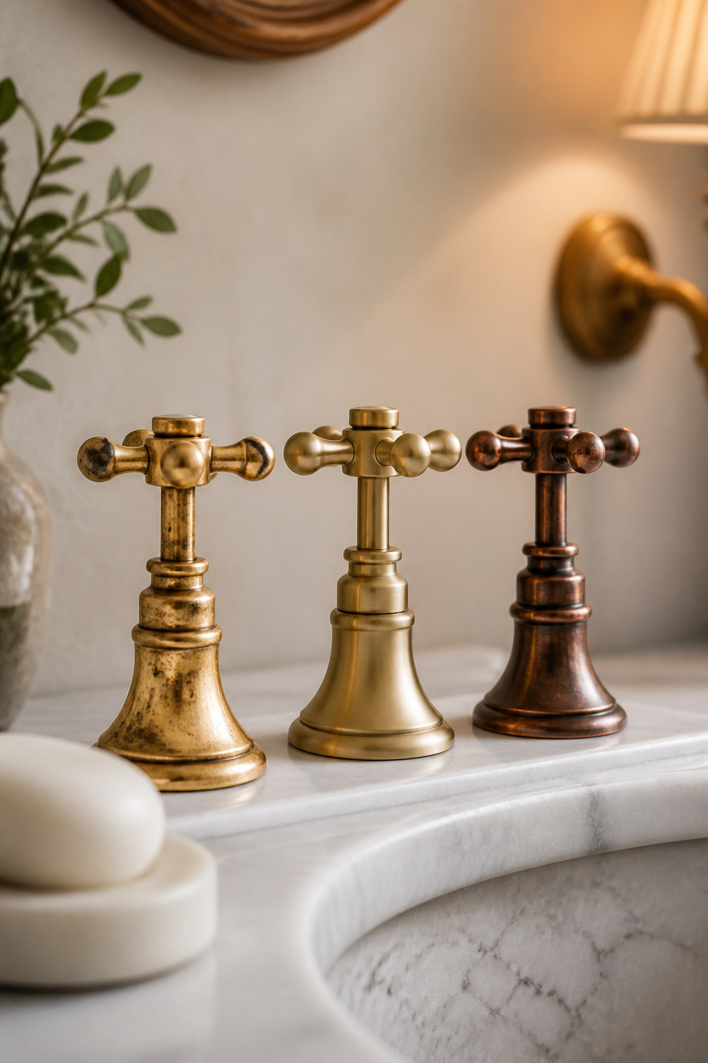 Three bathroom tap handles side by side on a marble ledge showing unlacquered brass, brushed brass and antique copper finishes