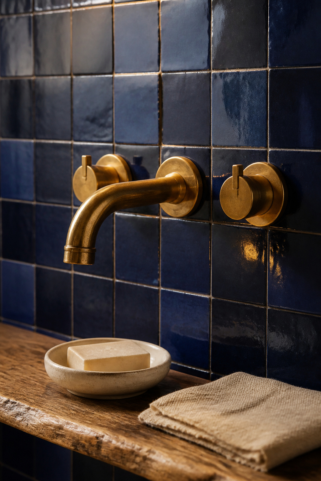 Unlacquered brass basin tap against a cobalt zellige tile wall, warm patina of the brass echoing the craft character of the handmade tile