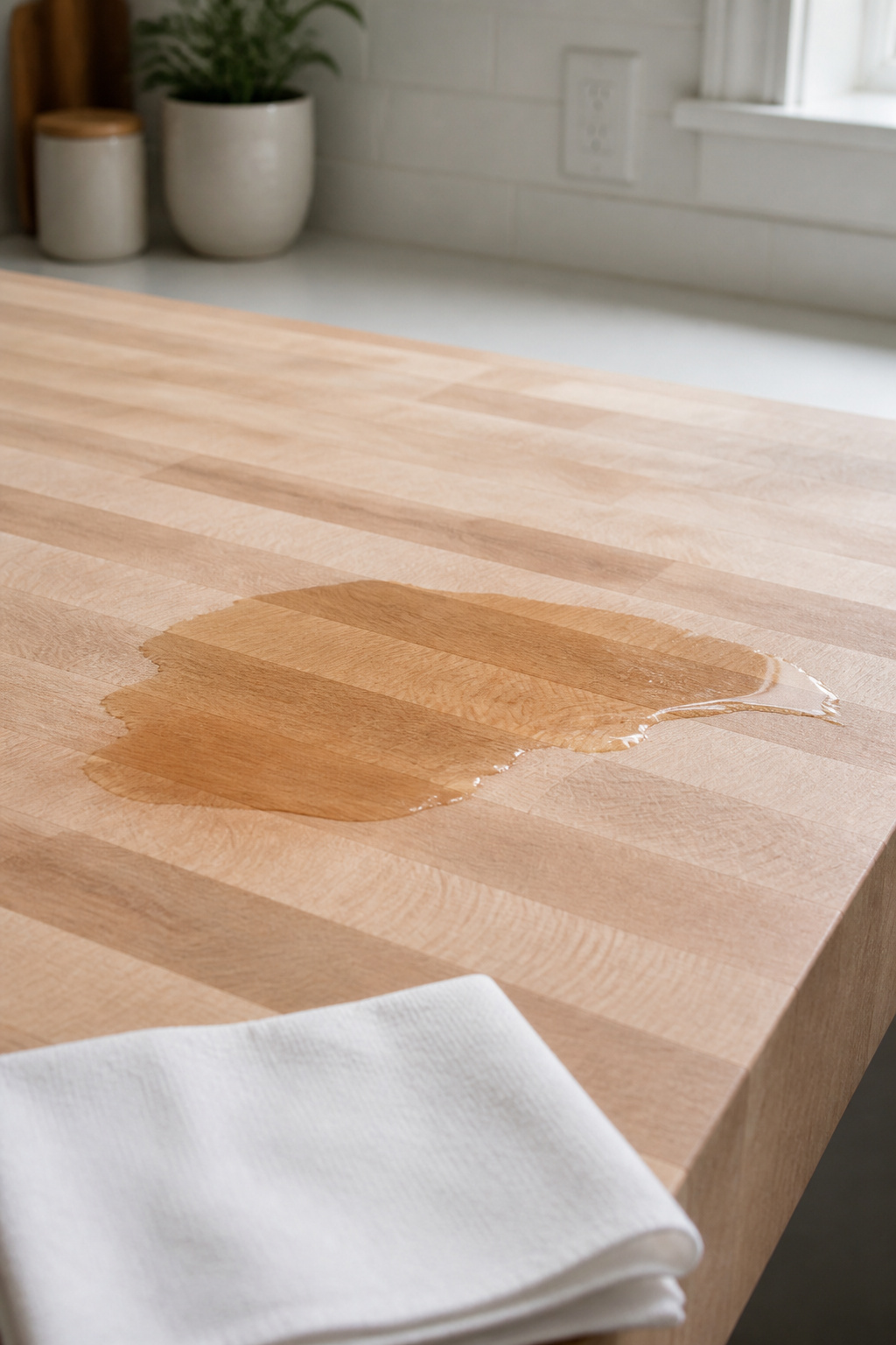 Mineral oil soaking into a new edge-grain maple butcher block countertop on day one of break-in oiling