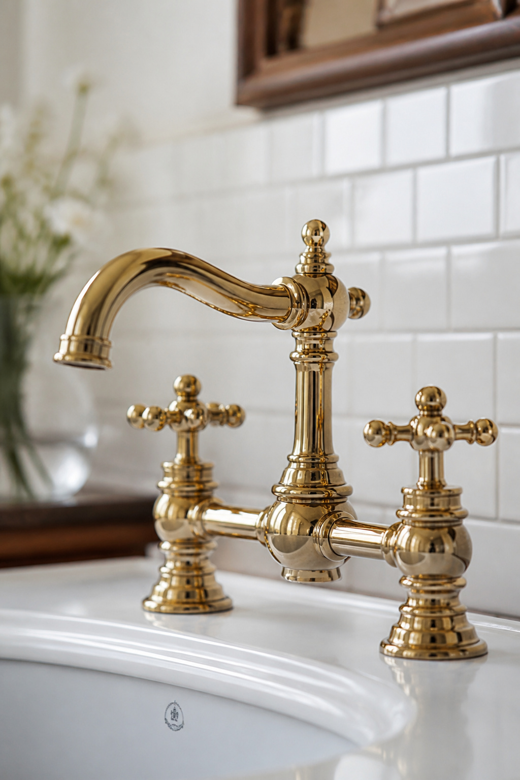 Polished brass bridge faucet with heavy turned cross handles mounted on a white vitreous china console sink