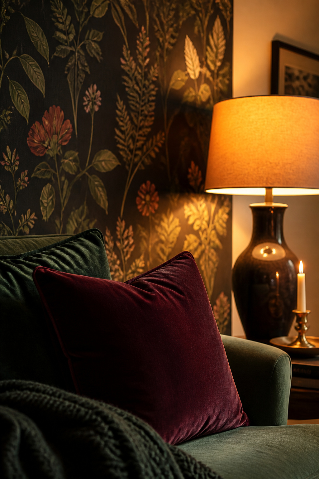 Budget moody living room corner with removable dark botanical wallpaper, jewel-toned velvet cushions and warm amber lamp glow