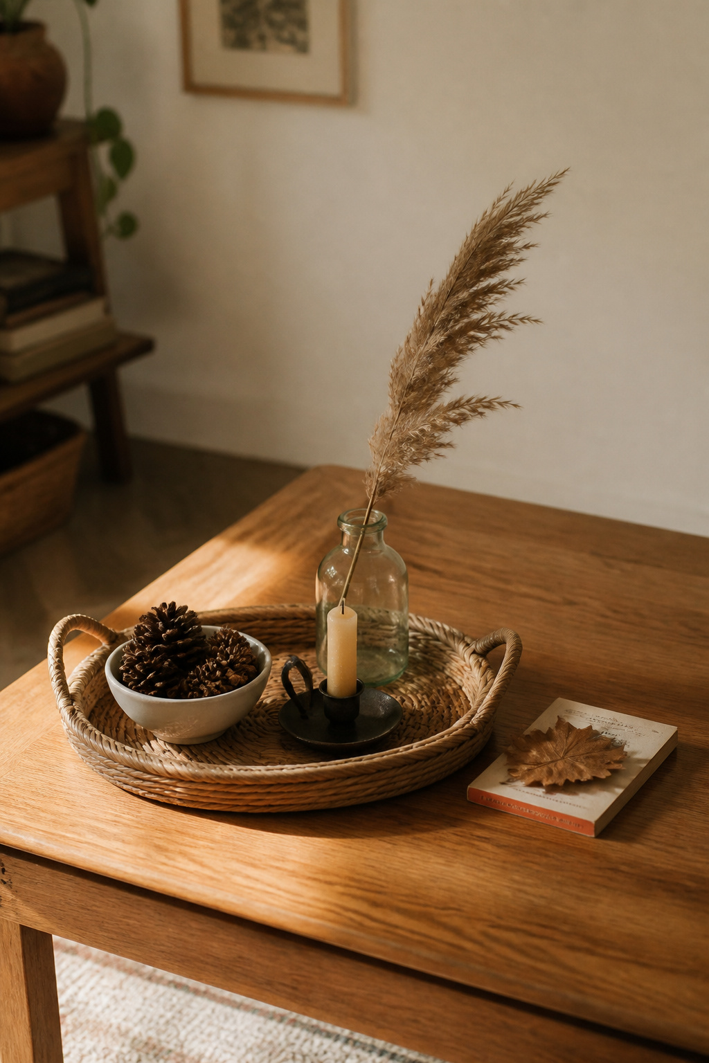 A wicker tray on an oak coffee table with foraged pine cones in a white bowl, a beeswax candle, and a dried pampas stem in a recycled jar — budget-friendly seasonal coffee table decor using nature finds