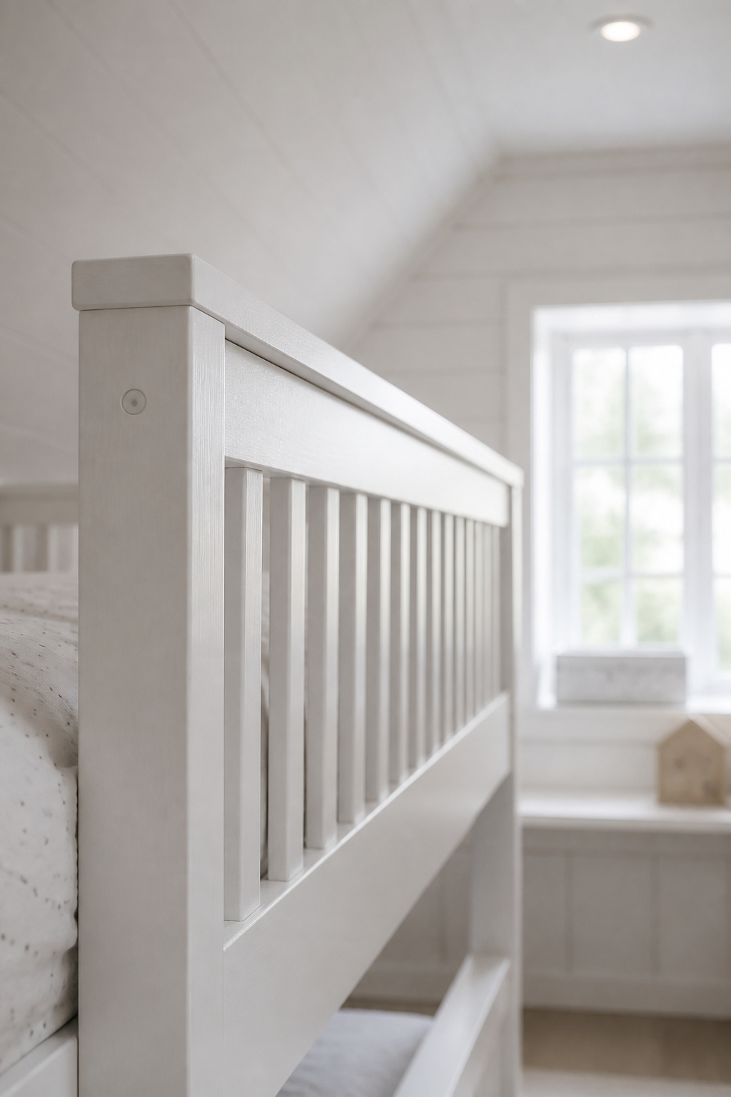 Close detail of a white-painted bunk bed guardrail with continuous balusters against a white attic wall, with a small dormer window in the background
