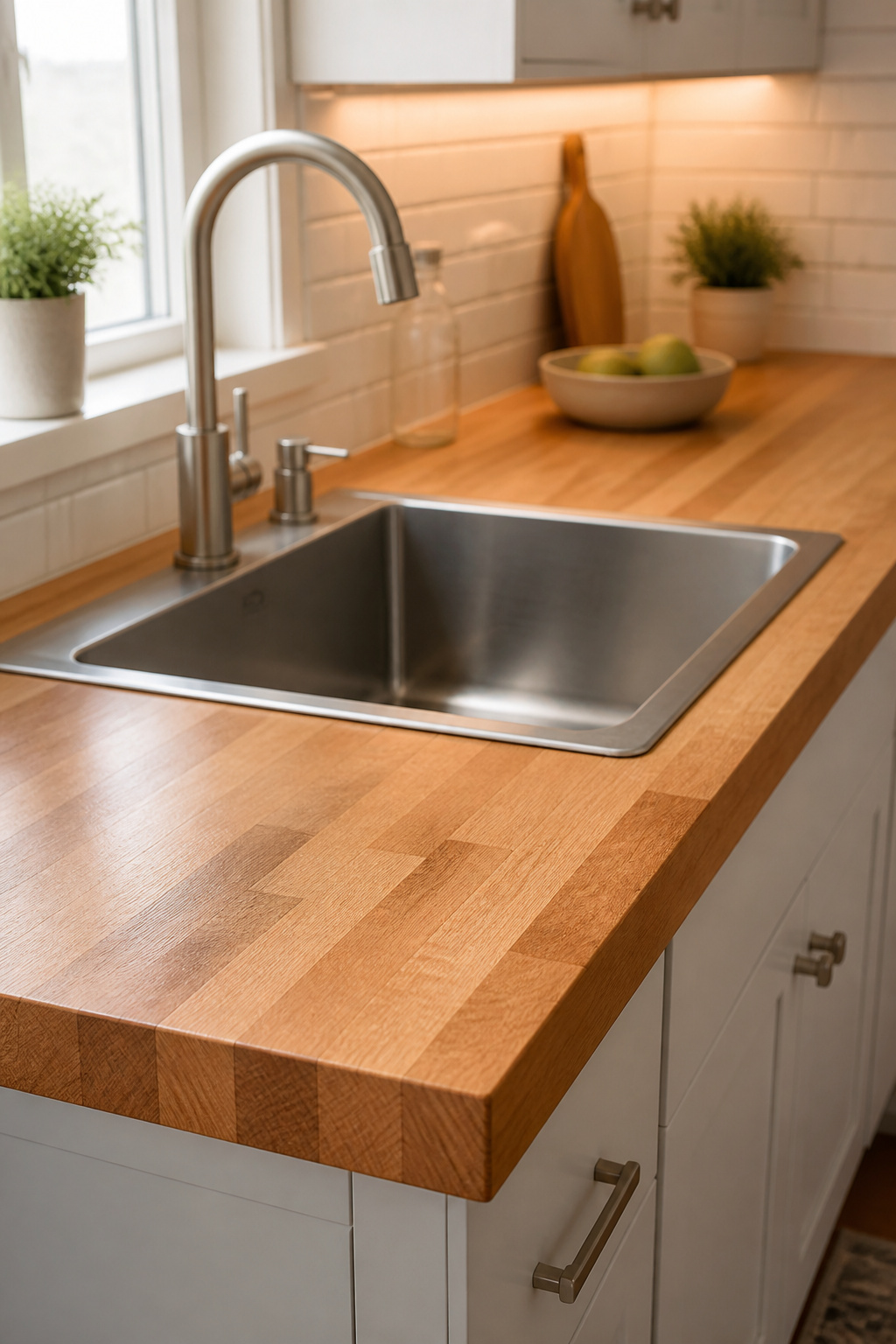 Maple butcher block countertop around a kitchen sink with film finish and stainless drop-in sink