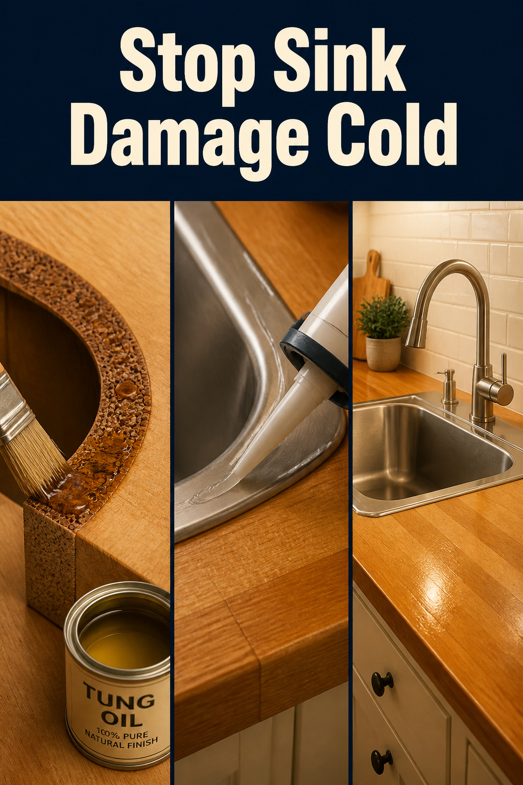 Three-panel Pinterest pin showing butcher block sink cutout end grain sealing, silicone seam application, and maintained countertop