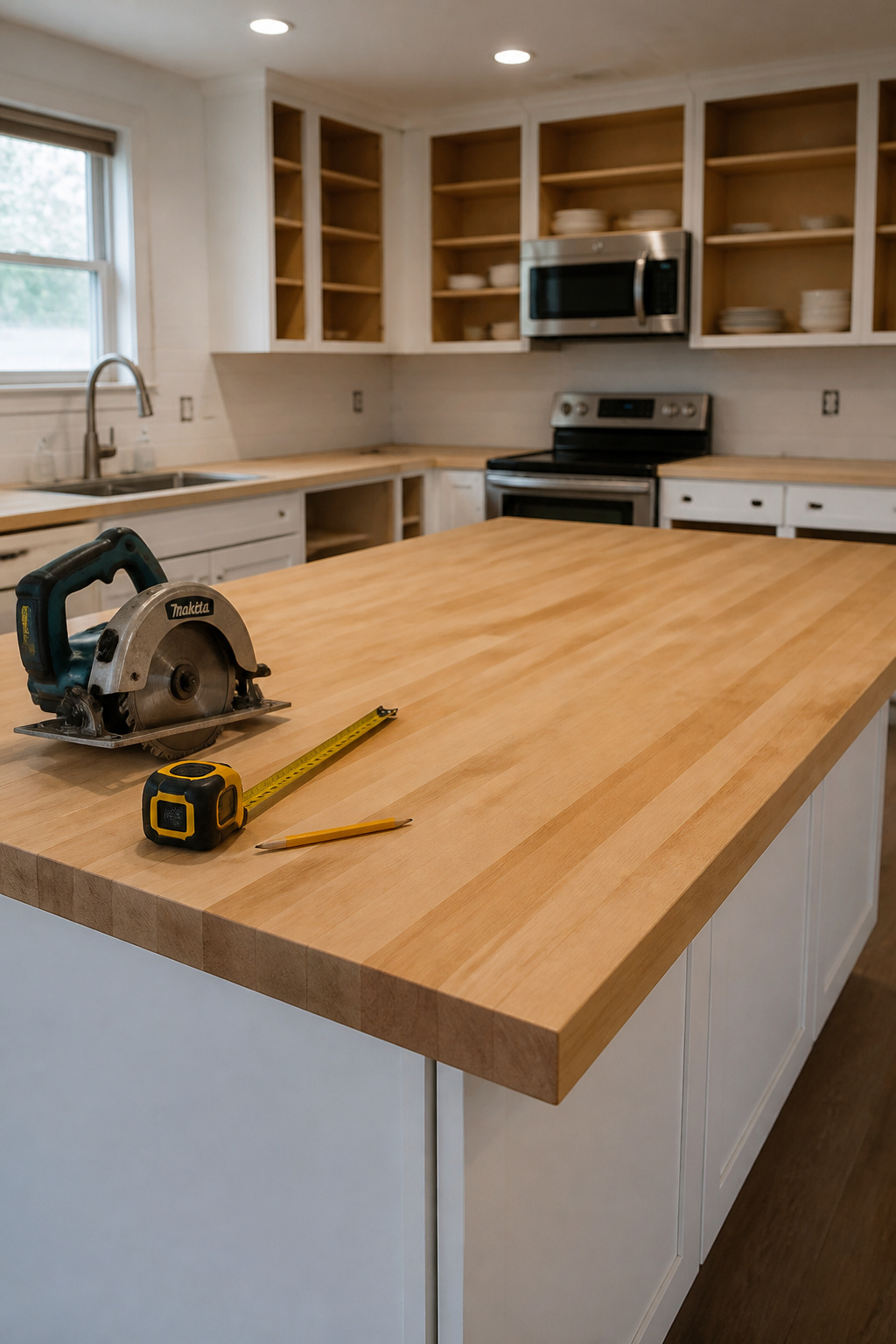 Maple butcher block countertop slab on white kitchen cabinets with measuring tape and circular saw on the surface