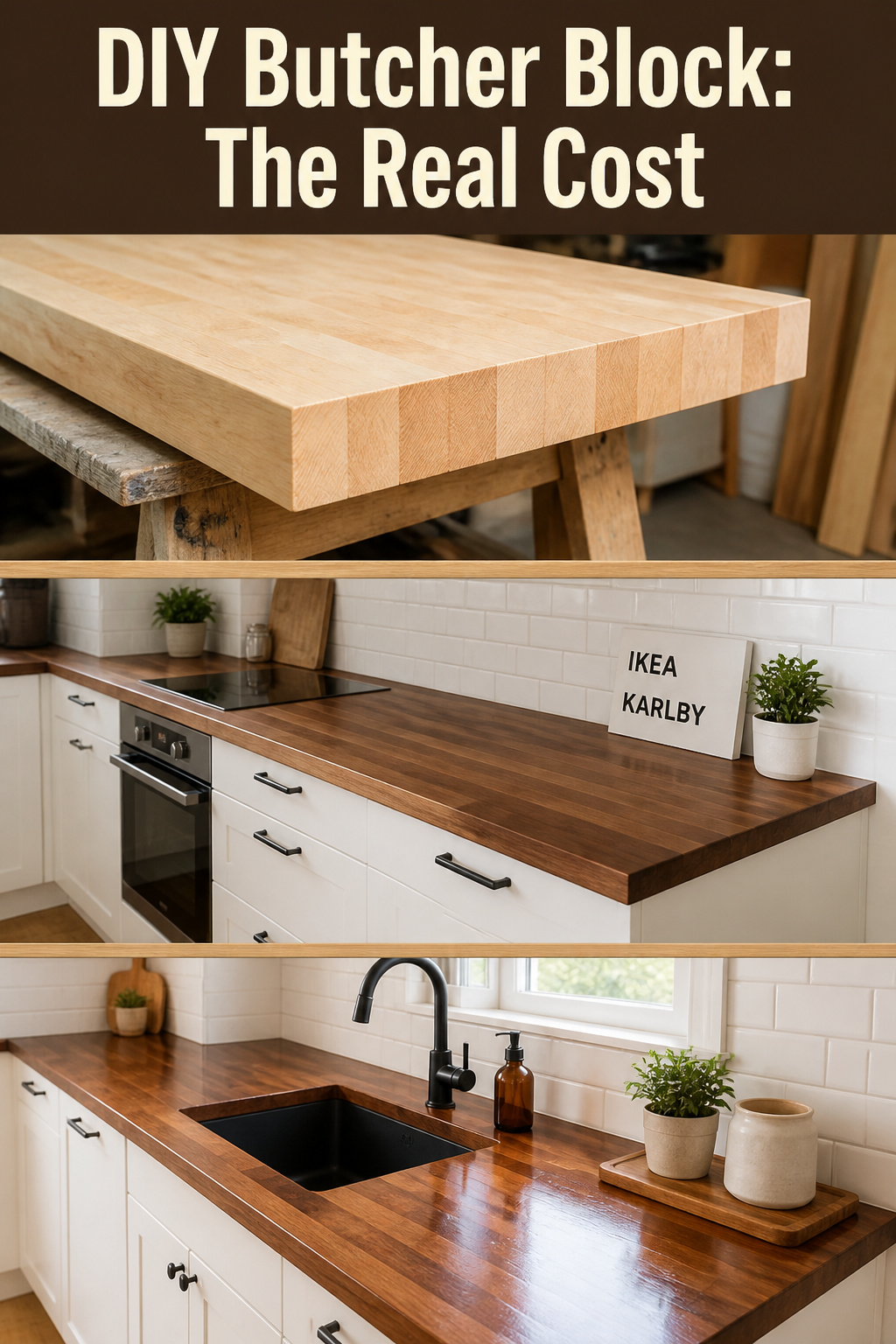 Three-panel Pinterest pin showing butcher block countertop cost stages — raw slab, IKEA option, and finished DIY install