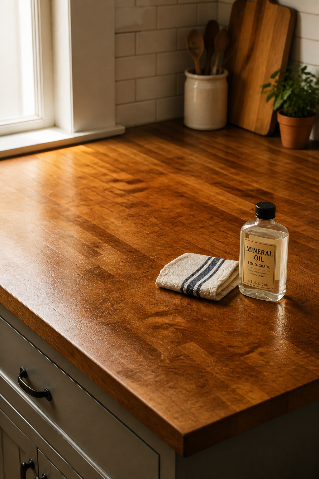 Well-maintained aged maple butcher block countertop with mineral oil bottle showing routine care