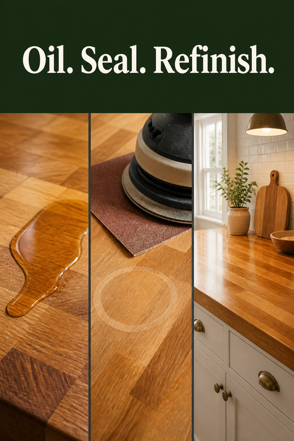 Three-panel Pinterest pin showing butcher block countertop maintenance — oiling, sanding a water ring, and a refinished surface