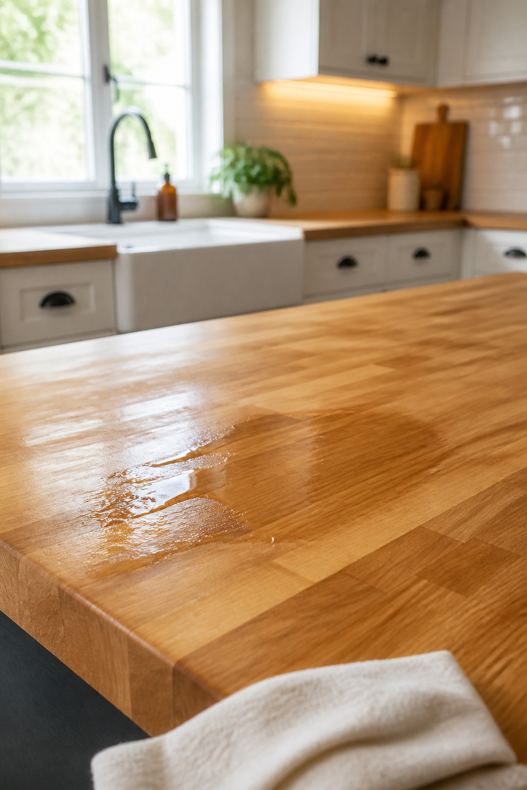 Mineral oil being applied to a maple butcher block countertop along the wood grain