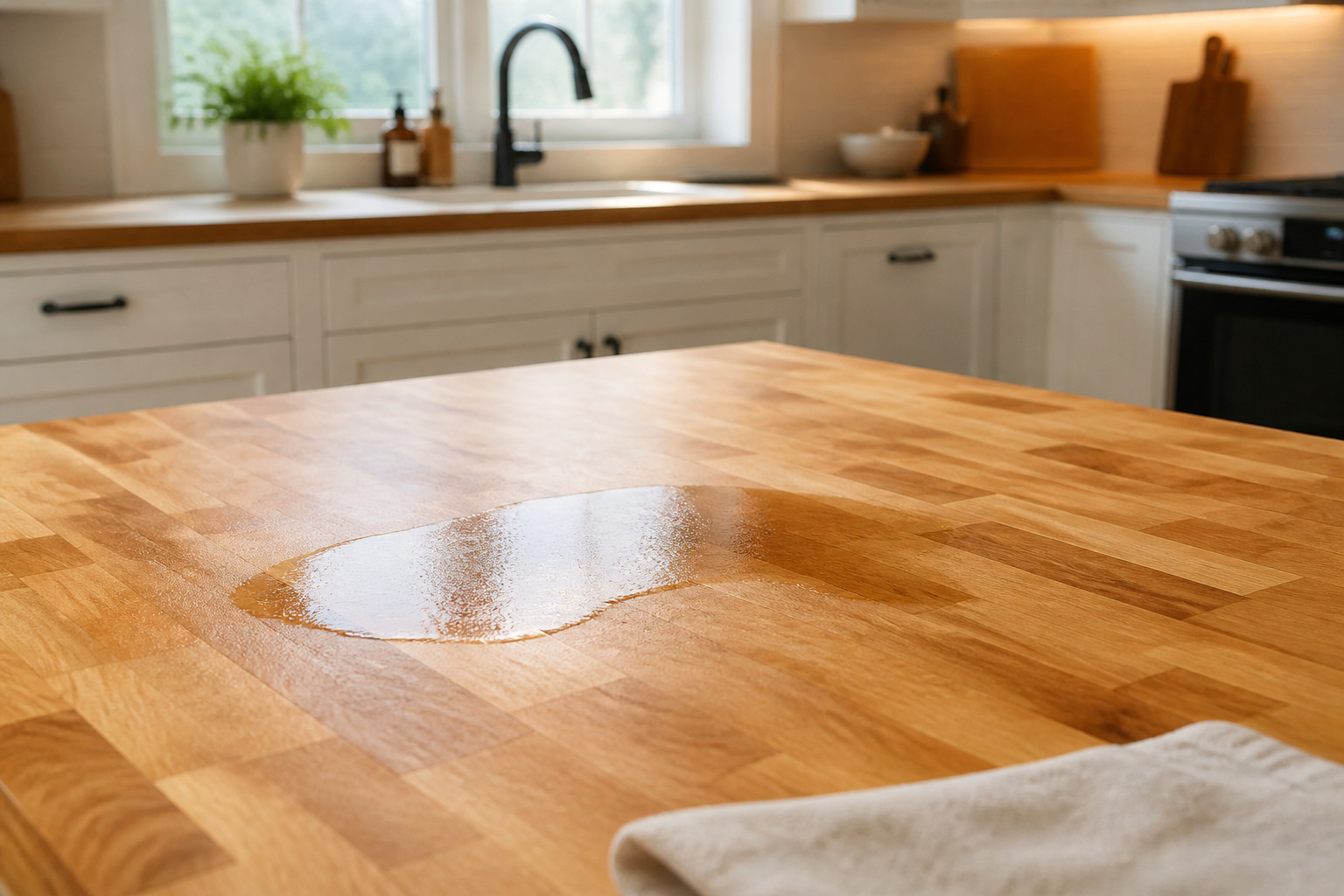 Mineral oil being applied to a maple butcher block countertop along the wood grain
