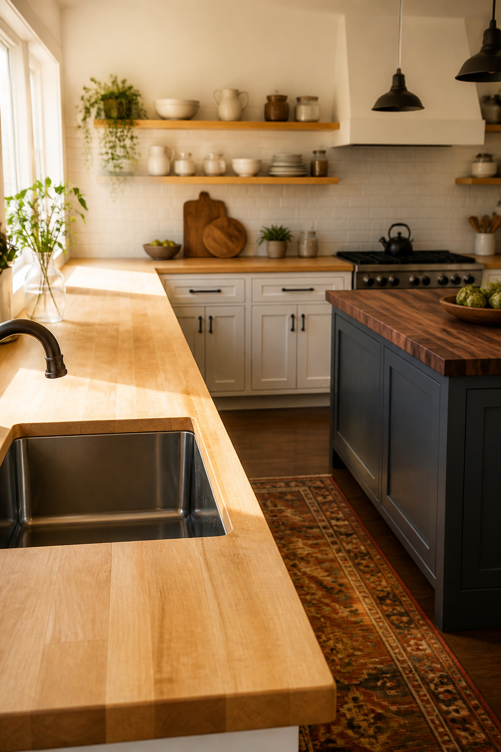 Edge-grain maple butcher block countertops in a white Shaker kitchen with undermount sink, warm morning light