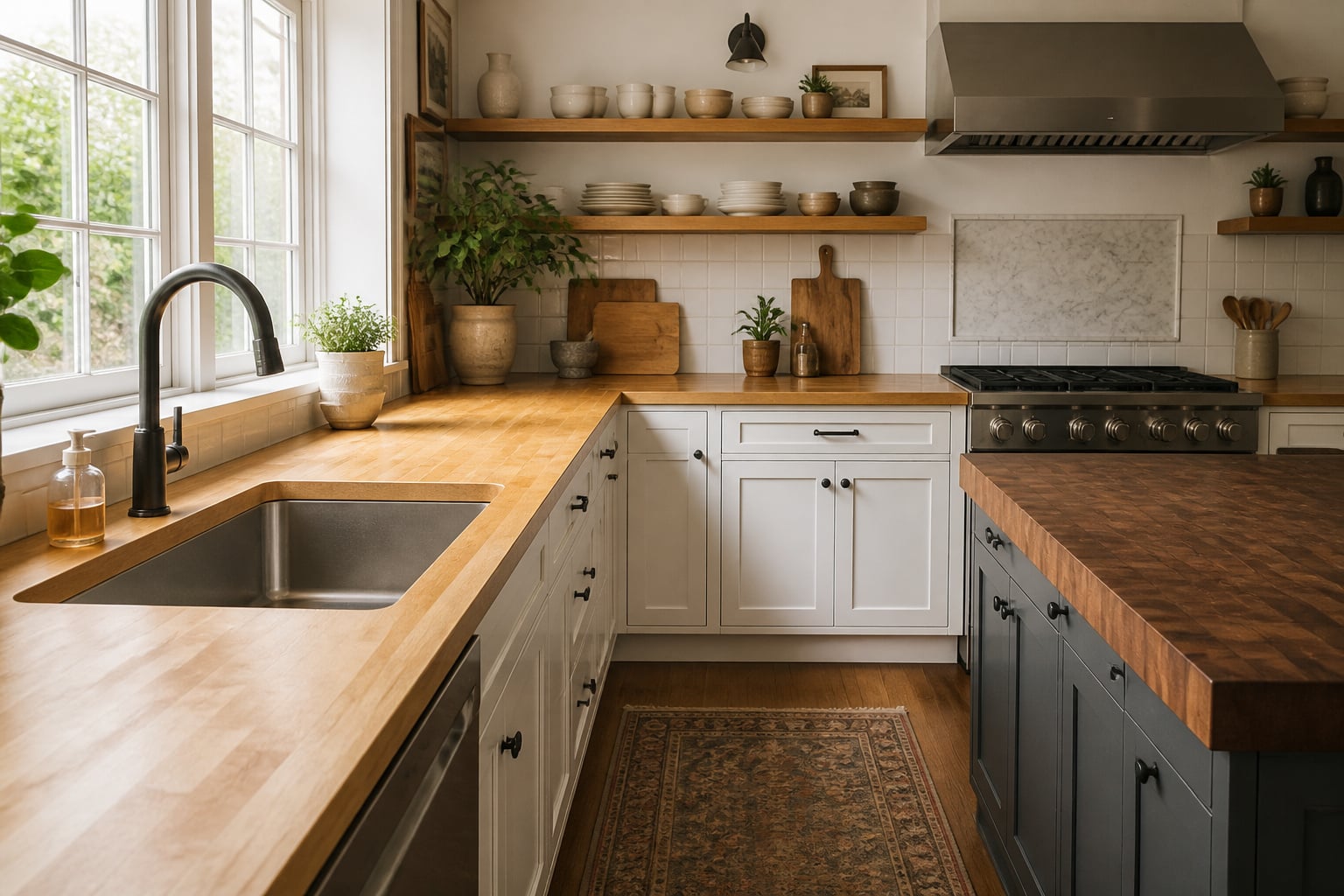Edge-grain maple butcher block countertops in a white Shaker kitchen with undermount sink, warm morning light