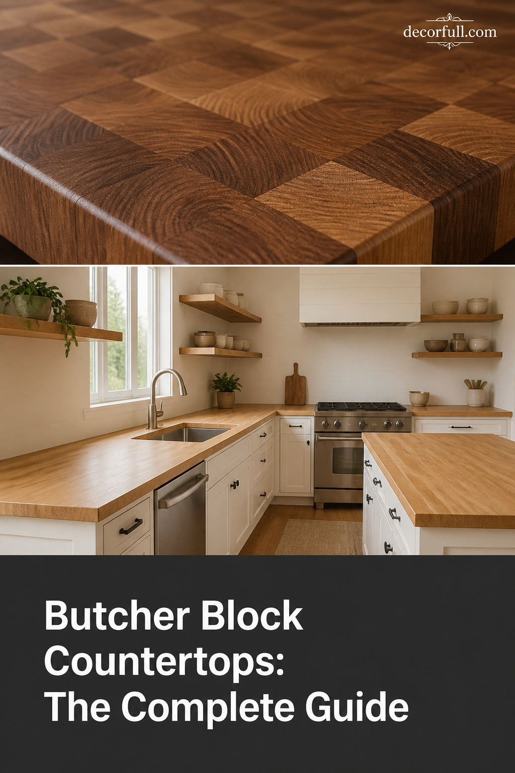 Pinterest collage: end-grain walnut island top close-up and edge-grain maple kitchen, butcher block countertop guide