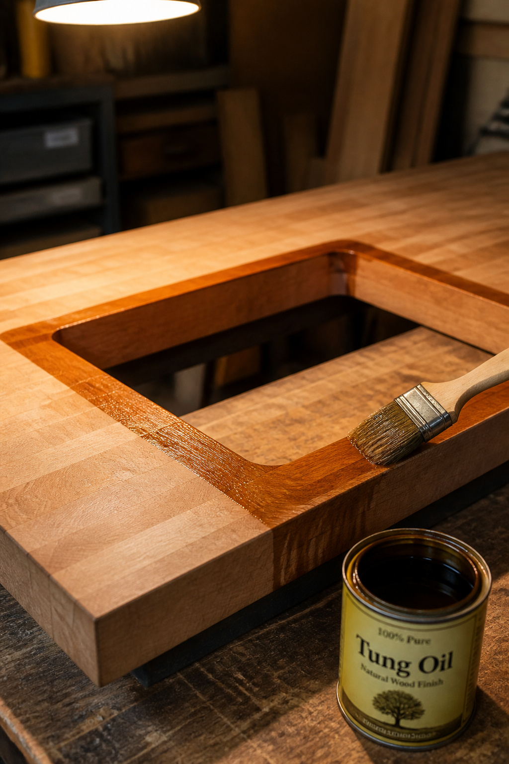 Applying tung oil finish to exposed end grain at a butcher block sink cutout before installation