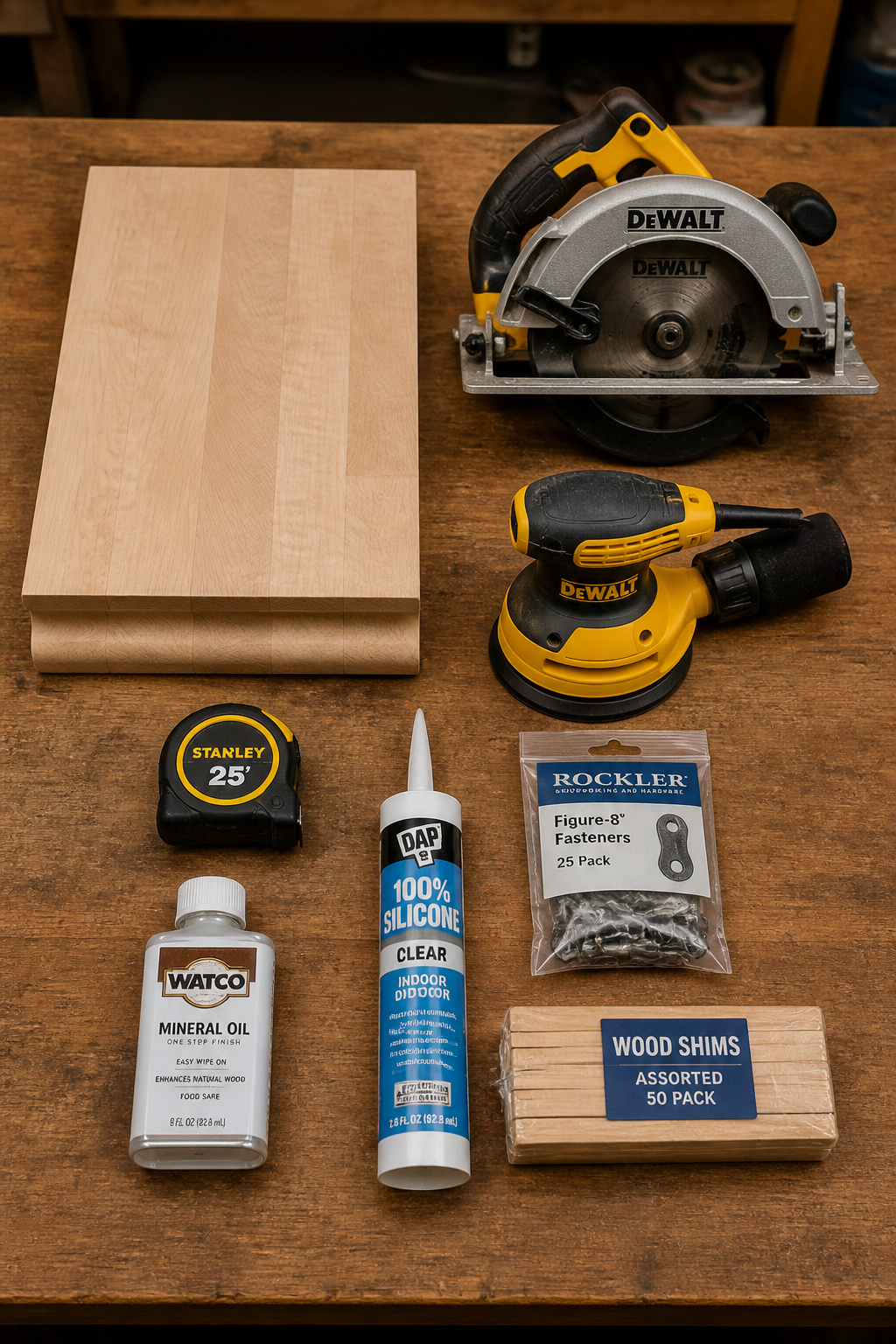 DIY butcher block countertop installation tools and materials laid out flat — circular saw, sander, mineral oil, silicone caulk, figure-8 fasteners