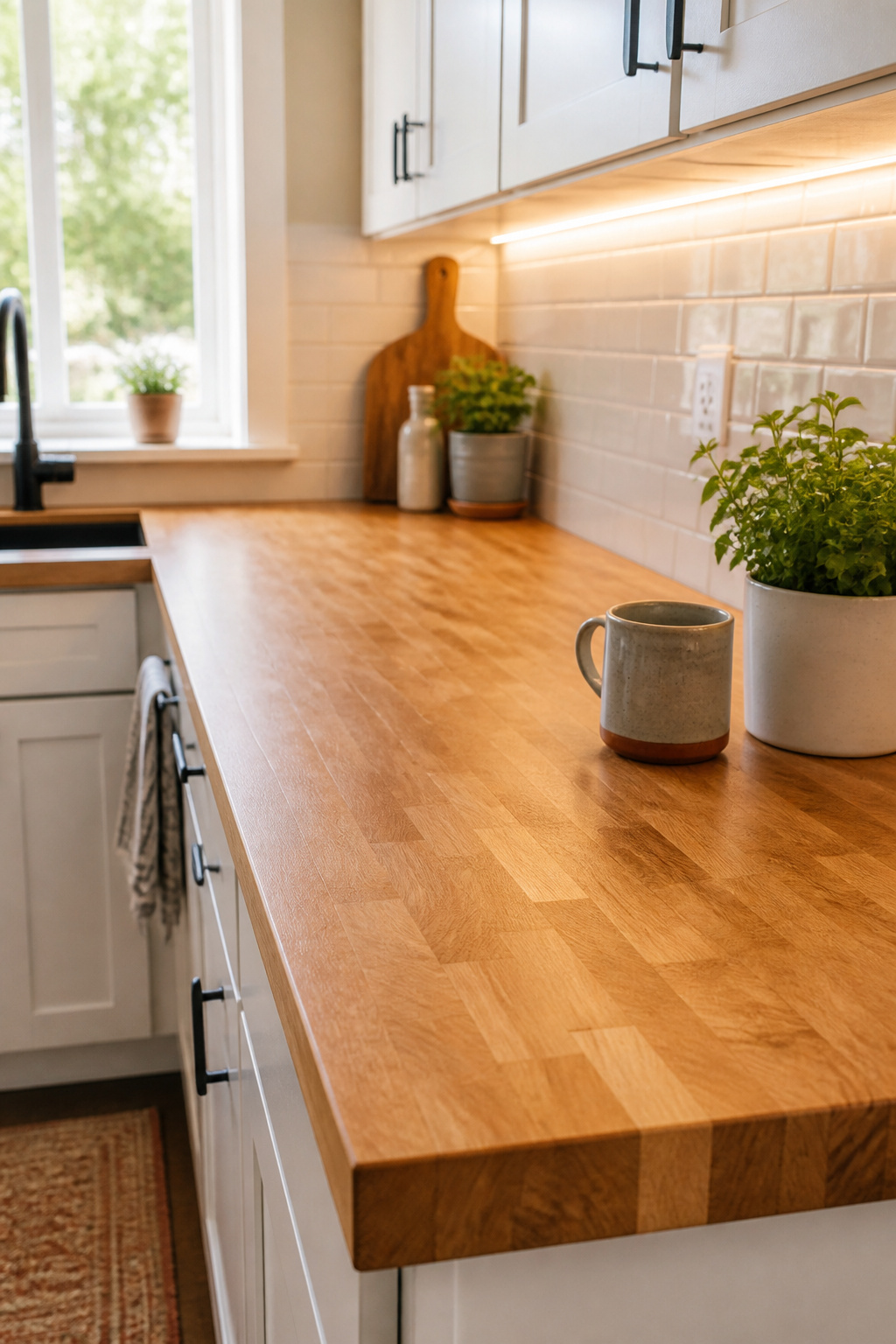 Finished and oiled maple butcher block countertop installed on white Shaker cabinets in a small kitchen